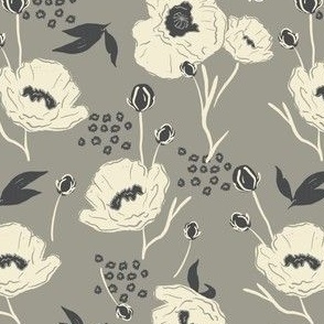 Poppy Garden Pattern in Charcoal Grey and Cream