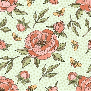 Peony Red and Butterflies - Polka Dots on Light Green BG - Floral Collection