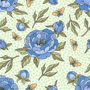 Peony Blue and Butterflies - Polka Dots on Light Green BG - Floral Collection