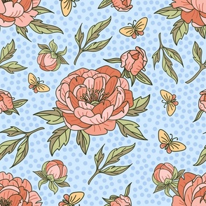 Peony Red and Butterflies - Polka Dots on Light Blue BG - Floral Collection