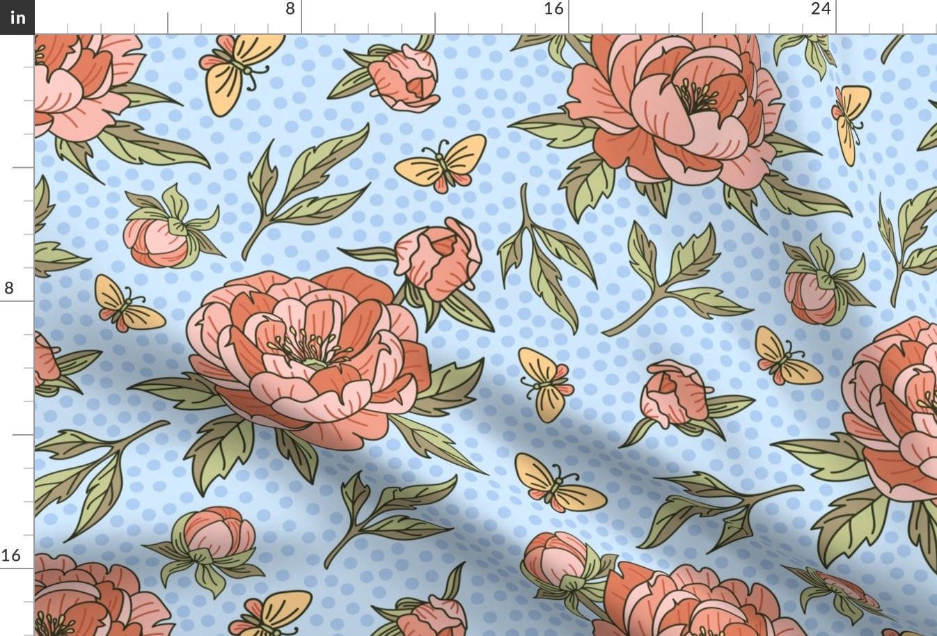 Peony Red and Butterflies - Polka Dots on Light Blue BG - Floral Collection