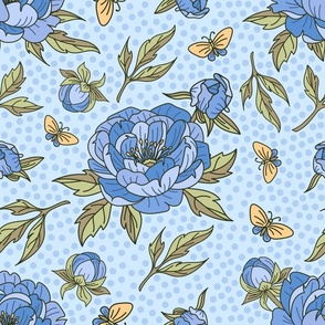 Peony Blue and Butterflies - Polka Dots on Light Blue BG - Floral Collection