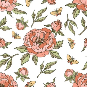 Peony Red and Butterflies - White BG - Floral Collection