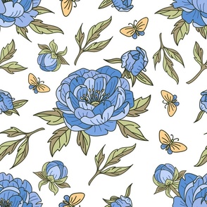 Peony Blue and Butterflies - White BG - Floral Collection