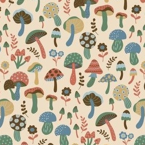 Whimsical fall fungi forest mushrooms in green, blue, rust, mustard yellow and brown on cream - EXTRA SMALL SCALE