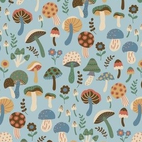 Whimsical fall fungi forest mushrooms in green, blue, brown, rust and yellow on light blue - EXTRA SMALL SCALE