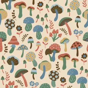 Whimsical fall fungi forest mushrooms in green, blue, rust, mustard yellow and brown on cream - LARGE SCALE