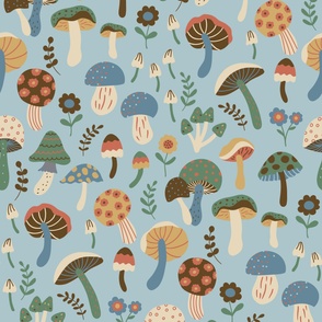 Whimsical fall fungi forest mushrooms in green, blue, brown, rust and yellow on light blue - LARGE SCALE
