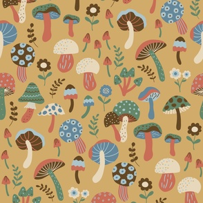 Whimsical fall fungi forest mushrooms in green, blue, cream and rust on mustard yellow - LARGE SCALE