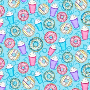 Hand Painted Watercolor Lattes and Donuts on Aqua Blue Medium Scale