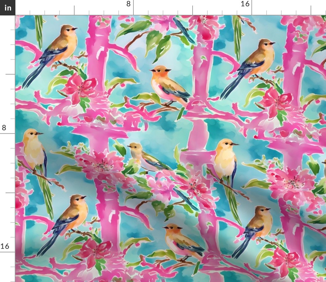 Preppy chinoiserie birds on pink trellis watercolor