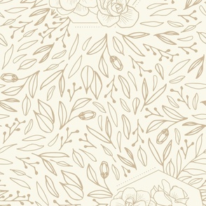 Floral Line Art Drawing | Large Scale | ivory white, beige tan | multidirectional botanicals