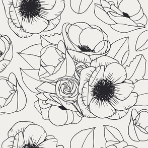 Floral line art bouquet | Large Scale | white smoke, charcoal grey