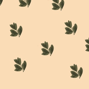 Minimalist design, green leaves on beige background