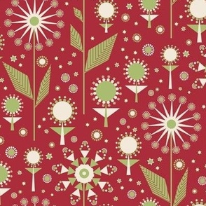 438 - small scale cool red and Apple green mid century modern geometric bold floral garden for non-traditional, festive, curtains,  pillows, cozy throws, bed linen,  duvet covers,  table runners and table cloths