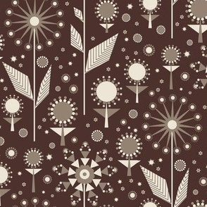 438 - Small scale moody, chocolate, brown, taupe, and warm, white mid century modern geometric bold floral garden for curtains,  pillows, cozy throws, bed linen,  duvet covers,  table runners and table cloths