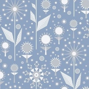 438 - small scale soft, baby powder, blue and call White mid century modern geometric bold floral garden for nursery and children’s curtains,  pillows, cozy throws, bed linen,  duvet covers,  table runners and table cloths