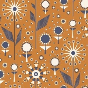 438 - Small scale pumpkin spice and French Navy blue mid century modern geometric bold floral garden for curtains,  pillows, cozy throws, bed linen,  duvet covers,  table runners and table cloths