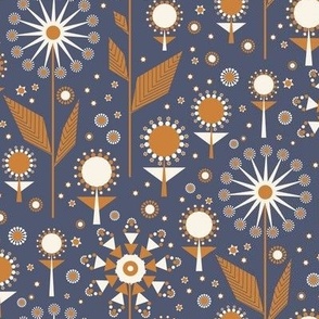 438 - Small scale French Navy blue and pumpkin spice mid century modern geometric bold floral garden for curtains,  pillows, cozy throws, bed linen,  duvet covers,  table runners and table cloths