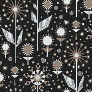 438 - Small scale deep dark moody almost black and off white  mid century modern geometric bold floral garden for curtains,  pillows, cozy throws, bed linen,  duvet covers,  table runners and table cloths