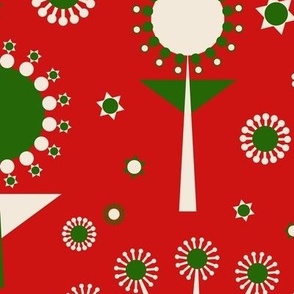 438 - Large scale zingy Christmas red and emerald green mid century modern geometric bold floral garden for curtains,  pillows, cozy throws, bed linen,  duvet covers,  table runners and table cloths