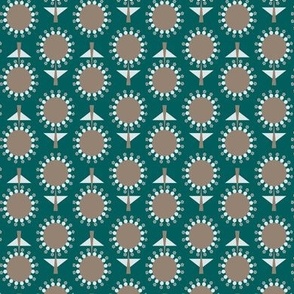 439 - Small Scale deep ocean teal green, camel brown and off white retro mid century floral garden grid two directional geometric flowers in rows for table napkins, table runners, apparel, pillows, quilting and patchwork and cute autumn kids apparel