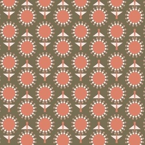 439 - Small Scale coral and khaki brown green retro mid century floral garden grid two directional geometric flowers in rows for table napkins, table runners, apparel, pillows, quilting and patchwork and cute autumn kids apparel