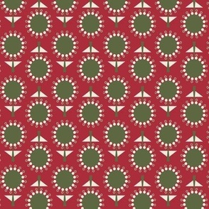 439 - Small Scale cool red and olive green retro mid century floral garden grid two directional geometric flowers in rows for table napkins, table runners, apparel, pillows, quilting and patchwork and cute autumn kids apparel