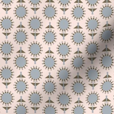 439 - Small Scale  warm pinky cream and blue grey retro mid century floral garden grid two directional geometric flowers in rows for table napkins, table runners, apparel, pillows, quilting and patchwork and cute autumn kids apparel