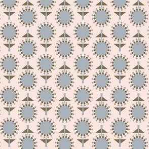 439 - Small Scale  warm pinky cream and blue grey retro mid century floral garden grid two directional geometric flowers in rows for table napkins, table runners, apparel, pillows, quilting and patchwork and cute autumn kids apparel