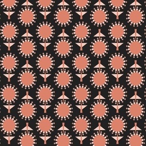 439 - Small Scale coral blush pink and deep charcoal retro mid century floral garden grid two directional geometric flowers in rows for table napkins, table runners, apparel, pillows, quilting and patchwork and cute autumn kids apparel