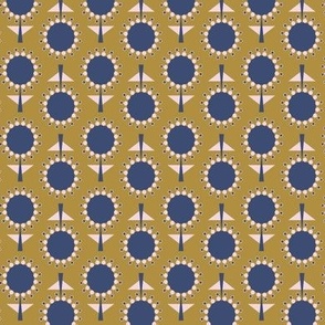 439 - Small Scale French navy blue and green gold retro mid century floral garden grid two directional geometric flowers in rows for table napkins, table runners, apparel, pillows, quilting and patchwork and cute autumn kids apparel