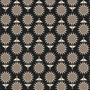 439 - Small Scale taupe cream and almost black retro mid century floral garden grid two directional geometric flowers in rows for table napkins, table runners, apparel, pillows, quilting and patchwork and cute autumn kids apparel