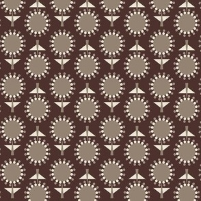 439 - Small Scale warm Neutral taupe beige and milk chocolate brown retro mid century floral garden grid two directional geometric flowers in rows for table cloths, napkins, table runners, curtains,_ bed linen, duvet covers, cotton sheet sets and cute aut