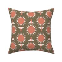439 - Large Scale tobacco golden brown and coral pink retro mid century floral garden grid two directional geometric flowers in rows for table cloths, napkins, table runners, curtains,_ bed linen, duvet covers, cotton sheet sets and cute autumn kids appar