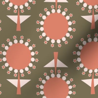 439 - Large Scale tobacco golden brown and coral pink retro mid century floral garden grid two directional geometric flowers in rows for table cloths, napkins, table runners, curtains,_ bed linen, duvet covers, cotton sheet sets and cute autumn kids appar
