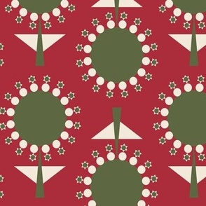 439 - Large Scale cool deep red and forest green modern Xmas retro mid century floral garden grid two directional geometric flowers in rows for table cloths, napkins, table runners, curtains, bed linen, duvet covers, cotton sheet sets and cute autumn kids