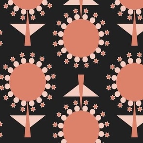 439 - Large Scale almost black and coral apricot pink retro mid century floral garden grid two directional geometric flowers in rows for table cloths, napkins, table runners, curtains, bed linen, duvet covers, cotton sheet sets and cute autumn kids appare