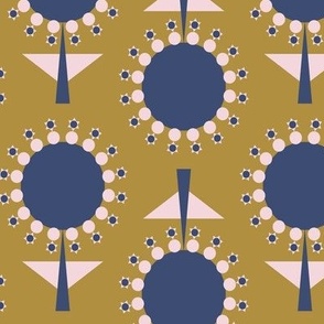 439 - Large Scale antique gold and French navy denim blue retro mid century floral garden grid two directional geometric flowers in rows for table cloths, napkins, table runners, curtains, bed linen, duvet covers, cotton sheet sets and cute autumn kids ap