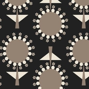 439 - Large Scale warm neutral taupe and almost black retro mid century floral garden grid two directional geometric flowers in rows for table cloths, napkins, table runners, curtains,_ bed linen, duvet covers, cotton sheet sets and cute autumn kids appar