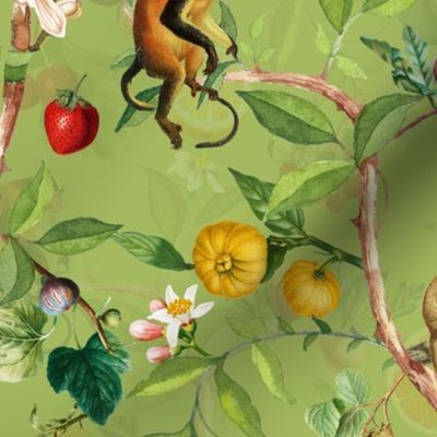 Monkeys Jungle Garden Party -  Antique moody floral Chinoiserie with climbing monkeys- Marie Antoinette Chinoiserie inspired- light green