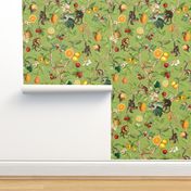 Monkeys Jungle Garden Party -  Antique moody floral Chinoiserie with climbing monkeys- Marie Antoinette Chinoiserie inspired- light green