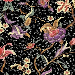 Vintage Fabric by the Yard. Black With Bright Greens, Purples