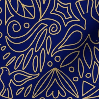 (L) Doves and Leaves Royal Damask Line Art Blue and Gold 