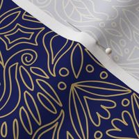 (M) Doves and Leaves Damask Linework Blue and Gold