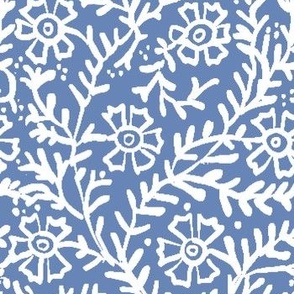 Pressed Flowers in French Blue; Block Print, European, Floral, Western