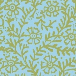 Pressed Flowers in Mint Leaf; Block Print, European, Floral