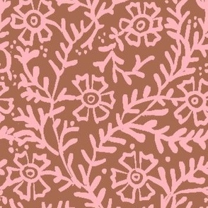 Pressed Flowers in Grapefruit; Indian block print, European, floral