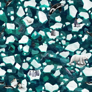 Arctic Landscape with arctic floes, penguins, whales, narwhale, polarbear, seals, devilfish, 