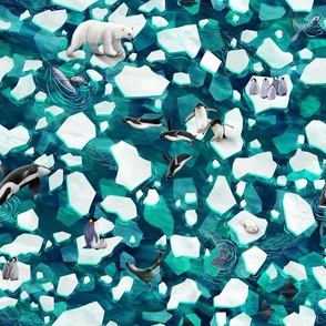 Ice floes with penguins, polar bear, seals, devilfish, polar life